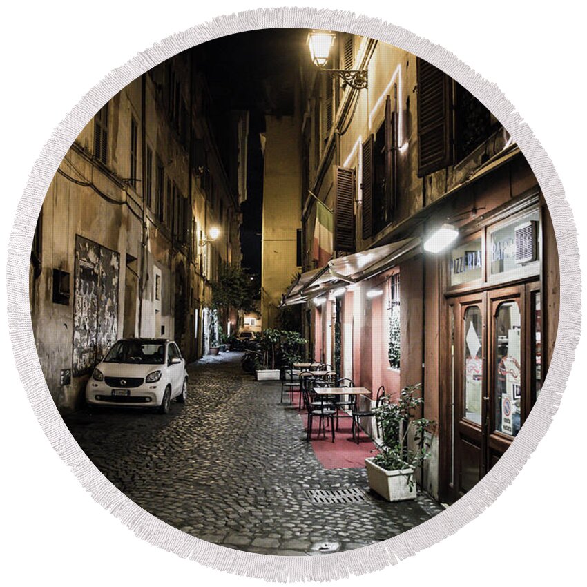 Italy Round Beach Towel featuring the photograph Pizzeria in Abandoned Street at Night in Rome in Italy by Andreas Berthold