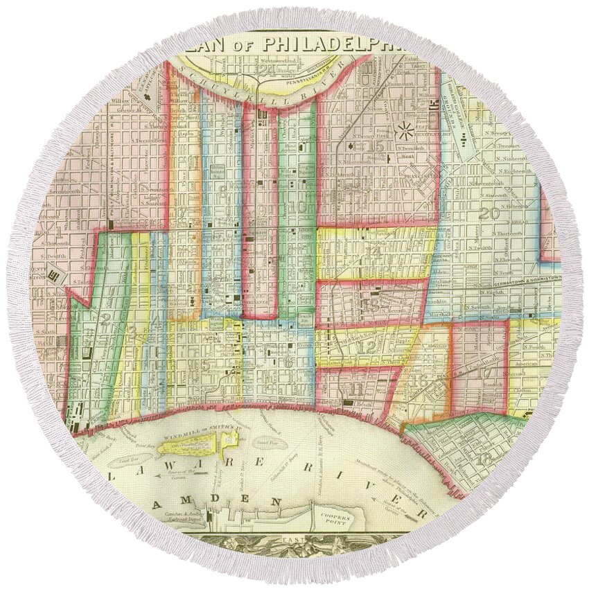 Map Round Beach Towel featuring the mixed media Plan of Philadelphia, 1860 by Augustus Mitchell