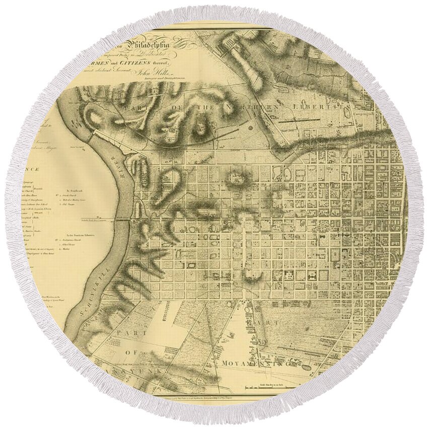 Philadelphia Round Beach Towel featuring the mixed media Plan of the City of Philadelphia and Its Environs shewing the improved parts, 1796 by John Hills