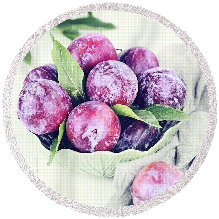 Plums Round Beach Towel featuring the photograph Plums by Stephanie Frey