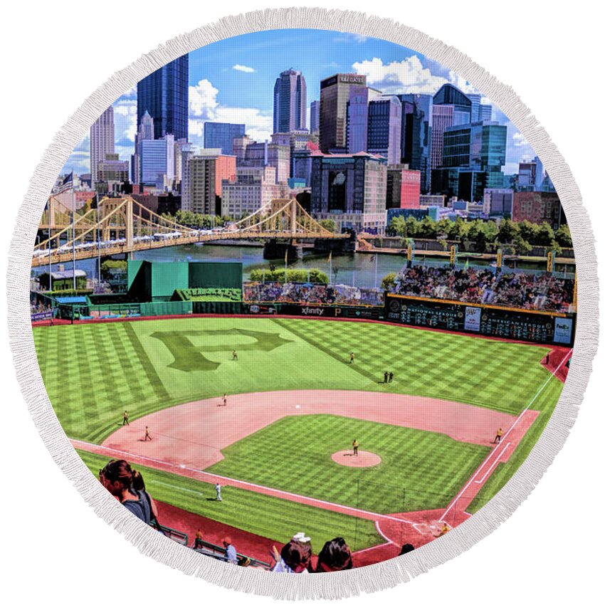 Pnc Park Round Beach Towel featuring the painting PNC Park Pittsburgh Pirates Baseball Ballpark Stadium by Christopher Arndt