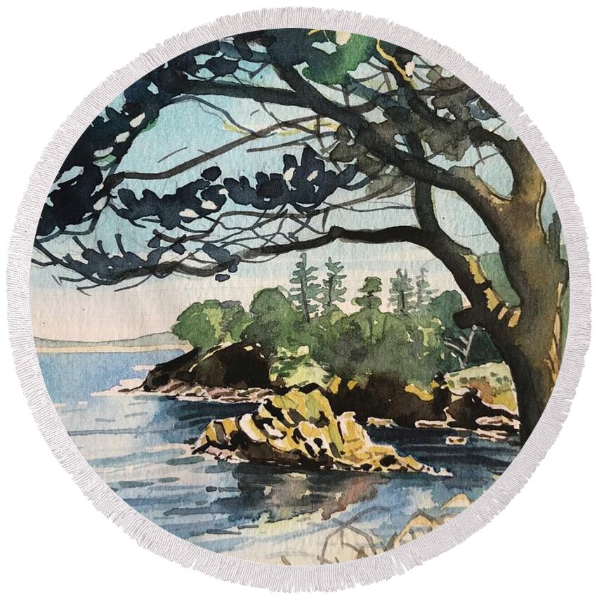 Carmel Round Beach Towel featuring the painting Point Lobos Bay by Luisa Millicent