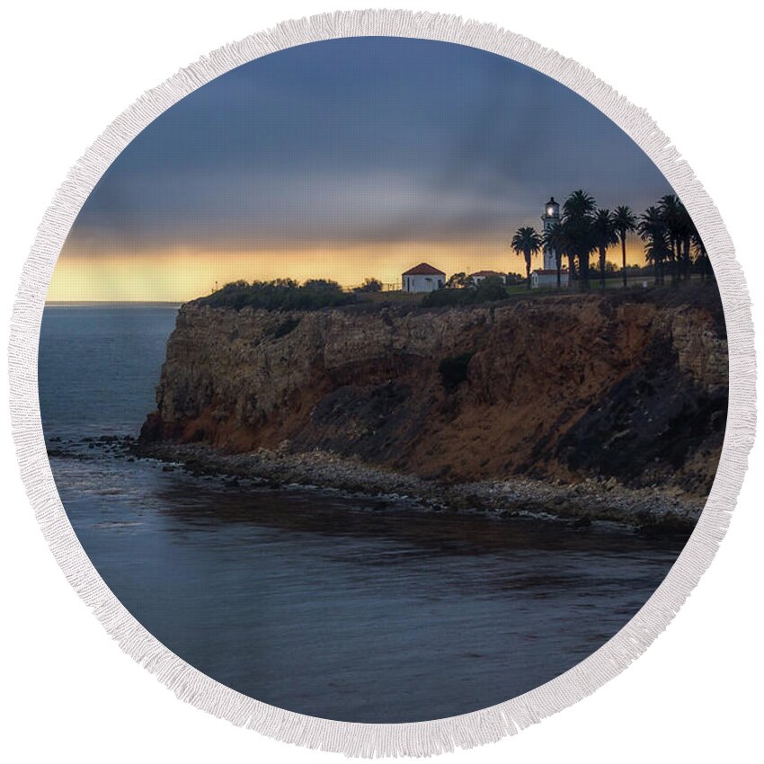 Architecture Round Beach Towel featuring the photograph Point Vicente Lighthouse at Sunset by Andy Konieczny