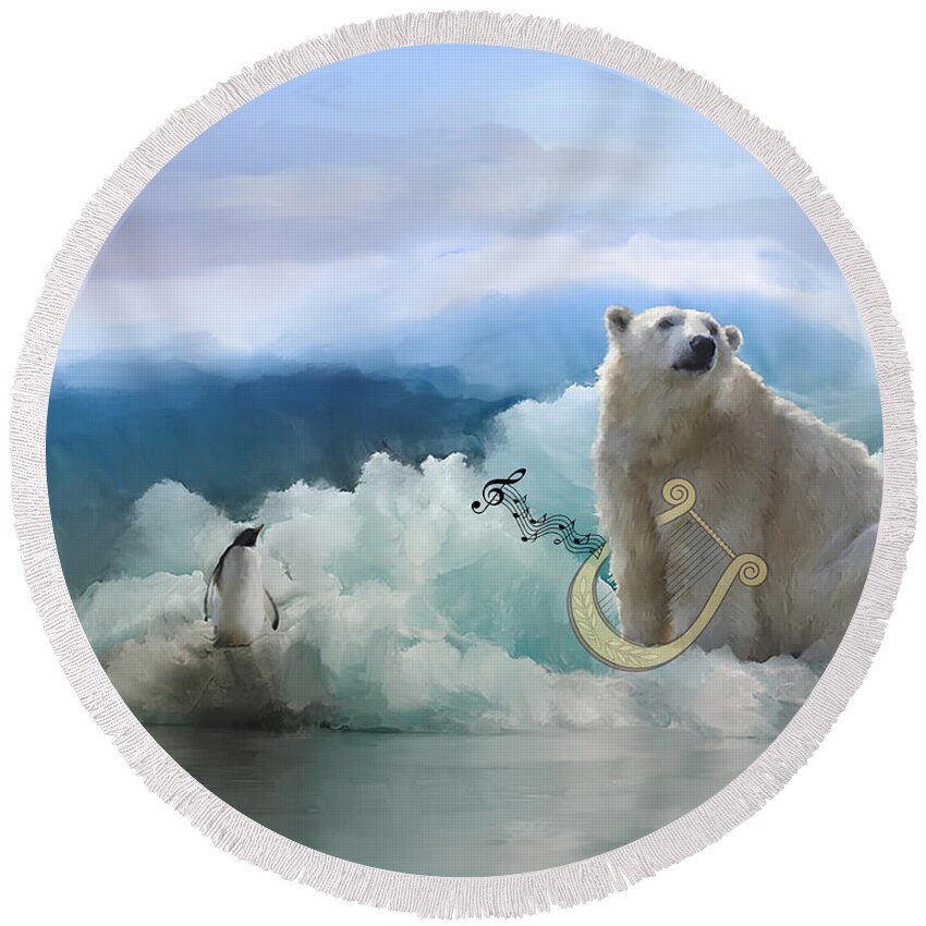 Polar Bears Round Beach Towel featuring the mixed media Polar Bears Play the Lyre by Colleen Taylor