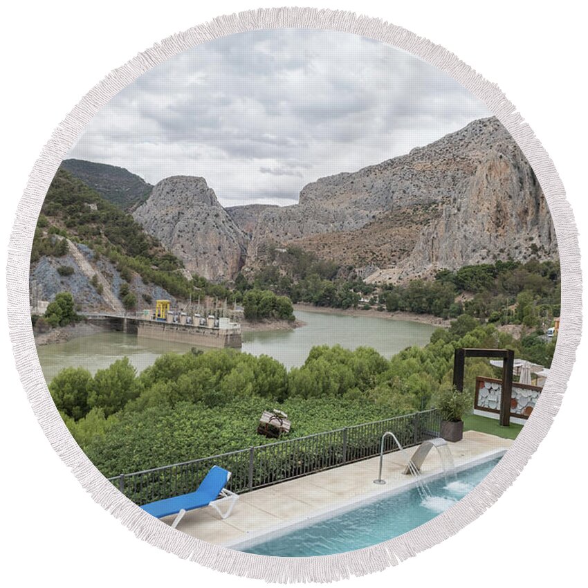 Spain Round Beach Towel featuring the photograph Pool With A View by Inge Elewaut