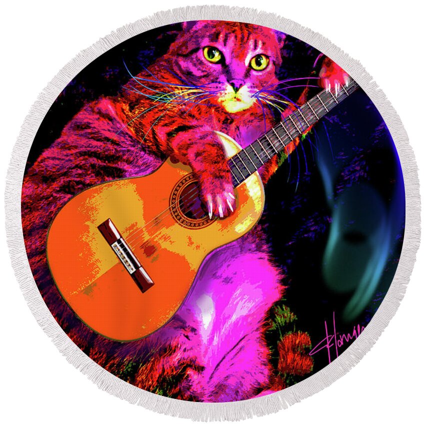 Guitar Round Beach Towel featuring the painting pOpCat Fat Cat Slim by DC Langer