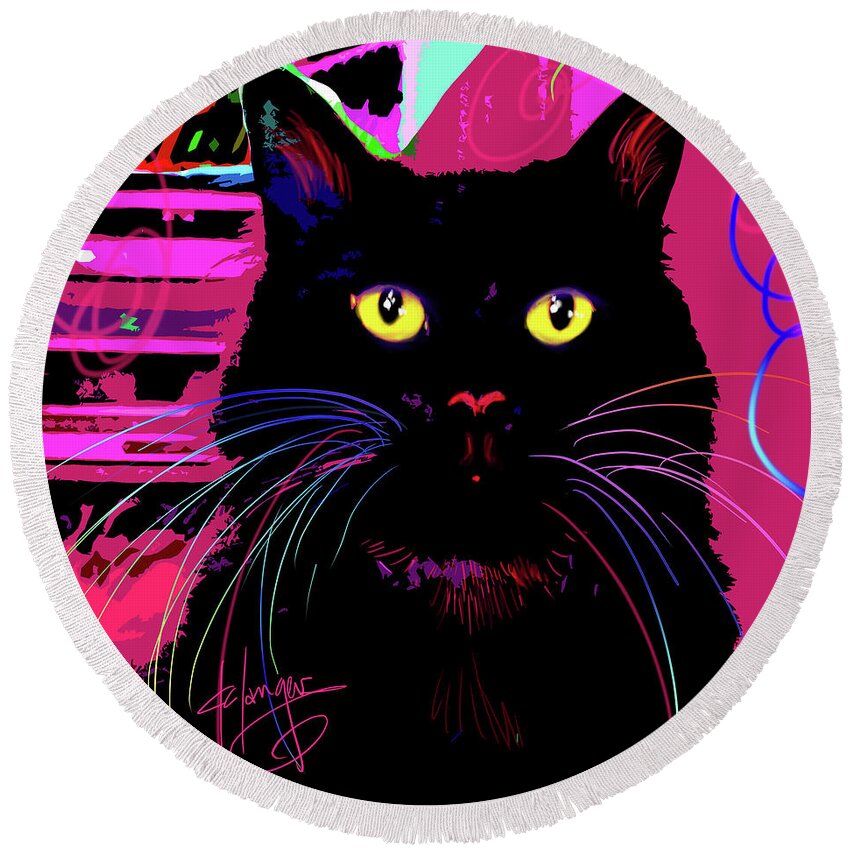 Morticia Round Beach Towel featuring the painting pOpCat Morticia by DC Langer