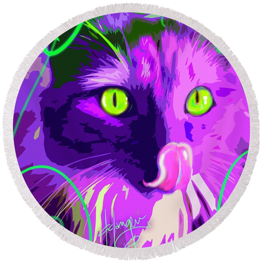 Dizzycats Round Beach Towel featuring the painting pOpCat Slick by DC Langer