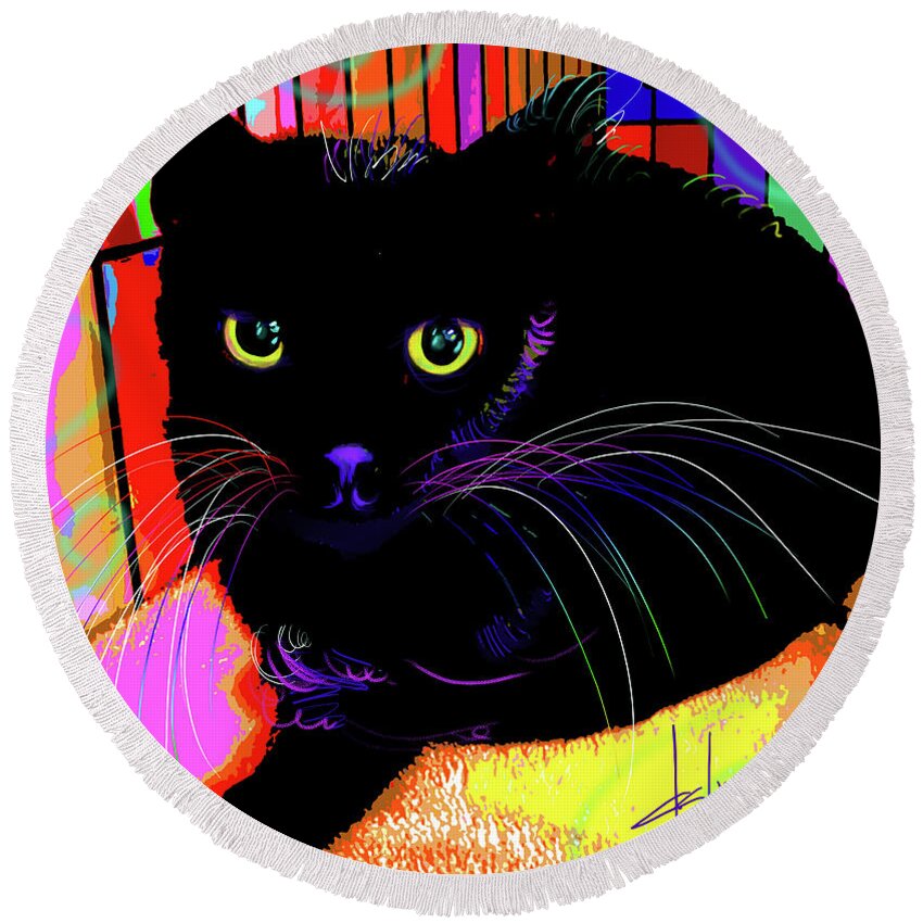 Raven Round Beach Towel featuring the painting pOpCat Sweet Baby Raven by DC Langer