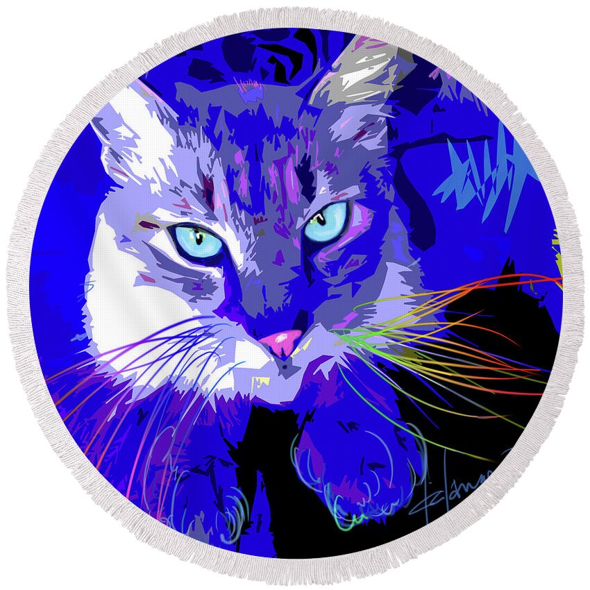 Dizzycats Round Beach Towel featuring the painting pOpCat Timmy by DC Langer
