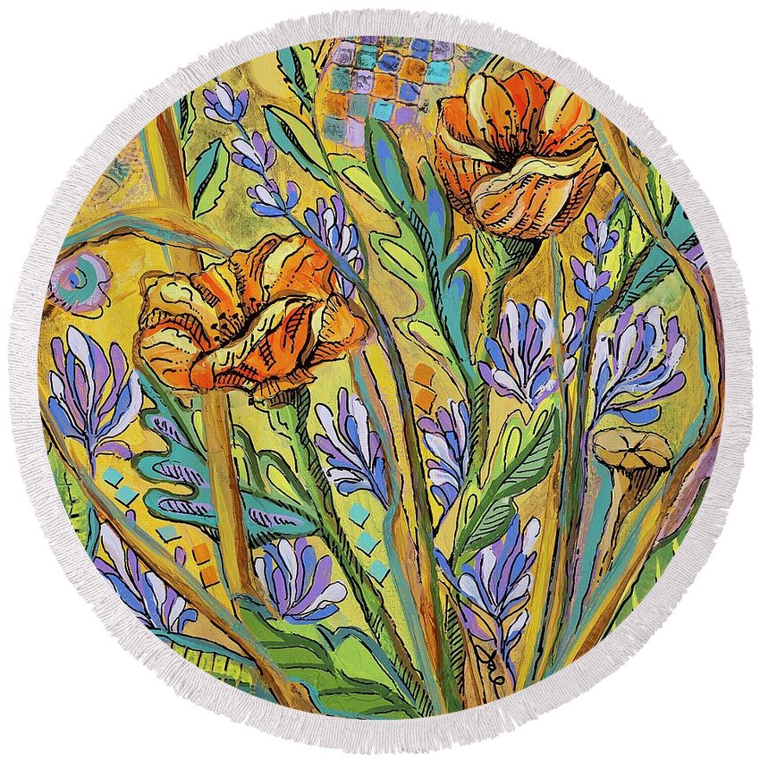  Round Beach Towel featuring the painting Poppies And Lavender 2 by Janice A Larson