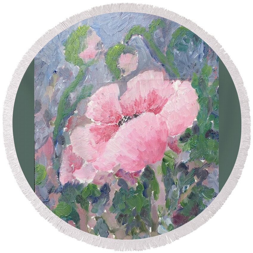 Framed Prints Round Beach Towel featuring the painting Poppy and two buds by Milly Tseng
