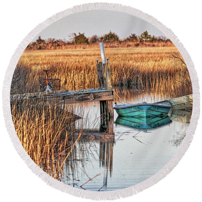 Poquoson Round Beach Towel featuring the photograph Poquoson Marsh Boat by Jerry Gammon