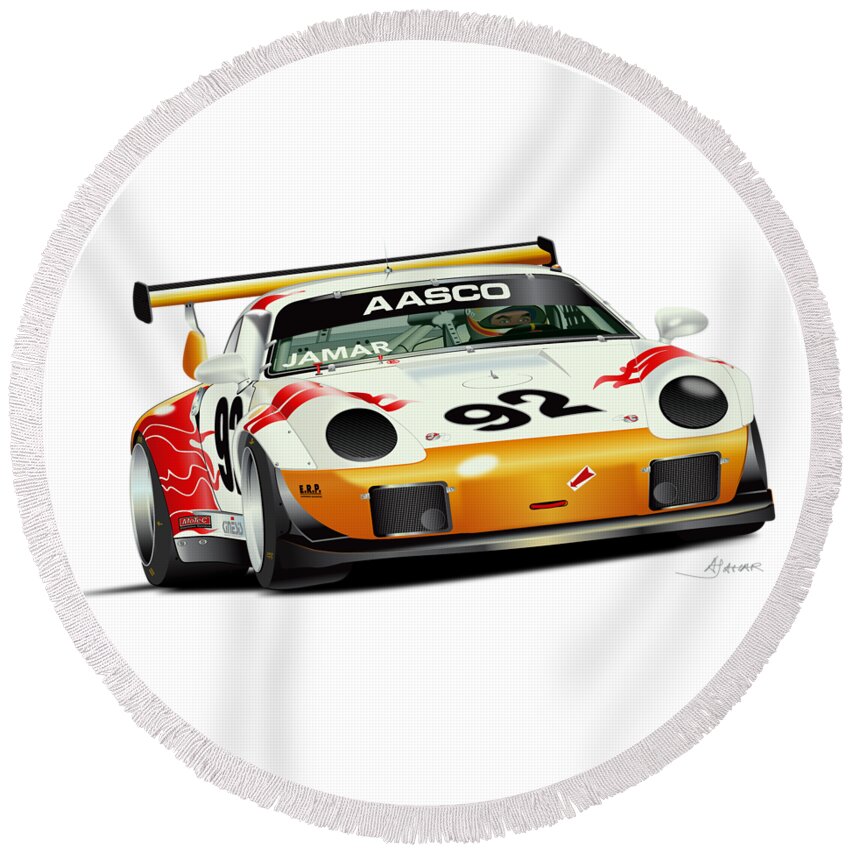2000 Porsche Single Turbo 3.8 On 1977 Chassis Round Beach Towel featuring the drawing Porsche Turbo no background by Alain Jamar