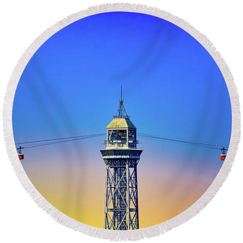 Port Cable Car Round Beach Towel featuring the photograph Port Cable Car in Barcelona by Darryl Brooks