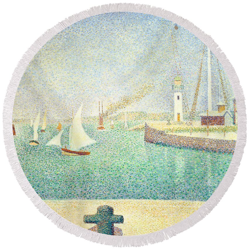 Port Of Honfleur Round Beach Towel featuring the painting Port of Honfleur, circa 1886 by Georges Pierre Seurat