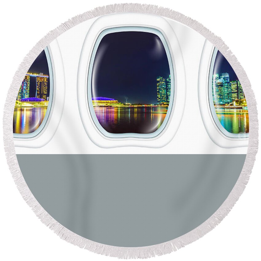 Singapore Round Beach Towel featuring the photograph Porthole windows on Singapore by night by Benny Marty