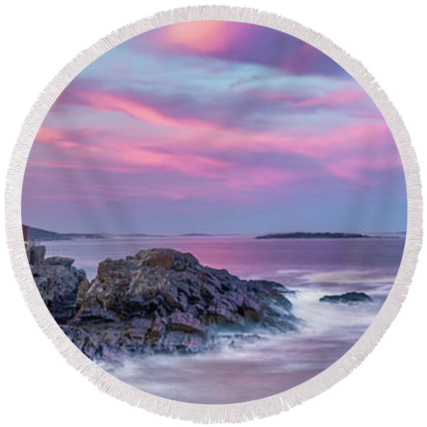 America Round Beach Towel featuring the photograph Portland Head Light at Sunset Panorama - Cape Elizabeth Maine by Gregory Ballos
