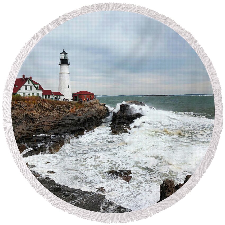 Winter Round Beach Towel featuring the photograph Portland Head Light Surf by Jeanette French