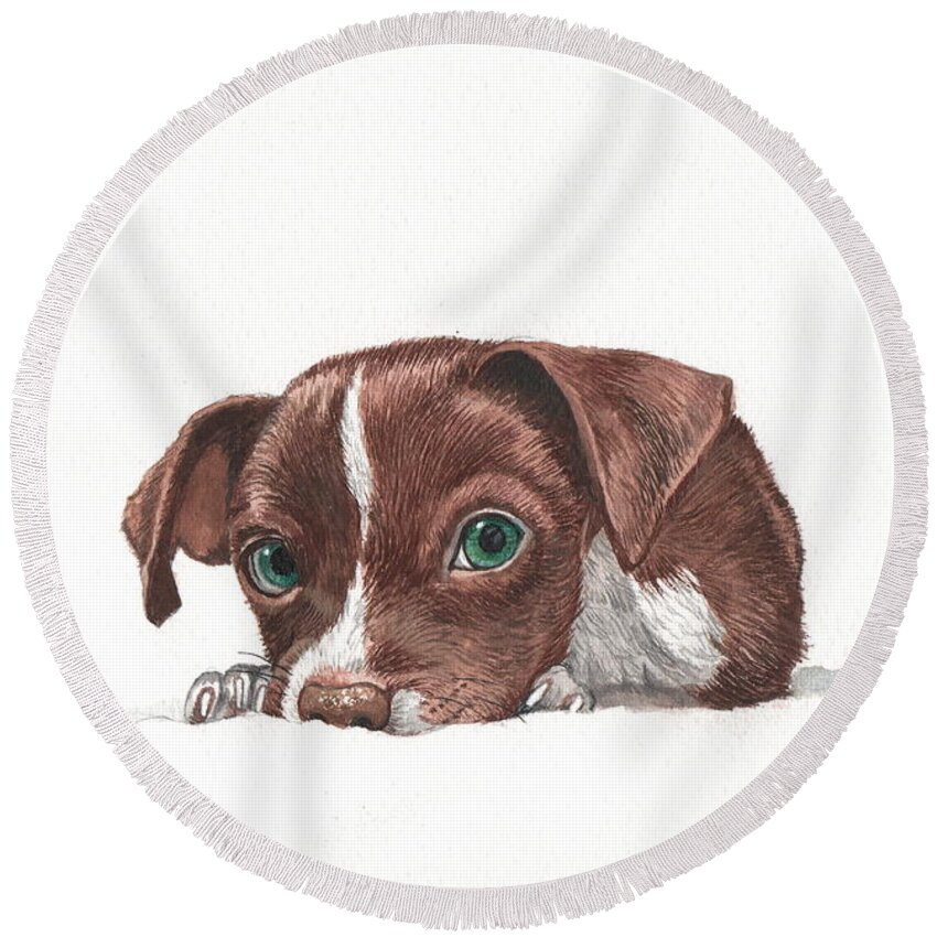 Chocolate Round Beach Towel featuring the painting Portrait of a Chihuahua puppy in watercolor by Christopher Shellhammer