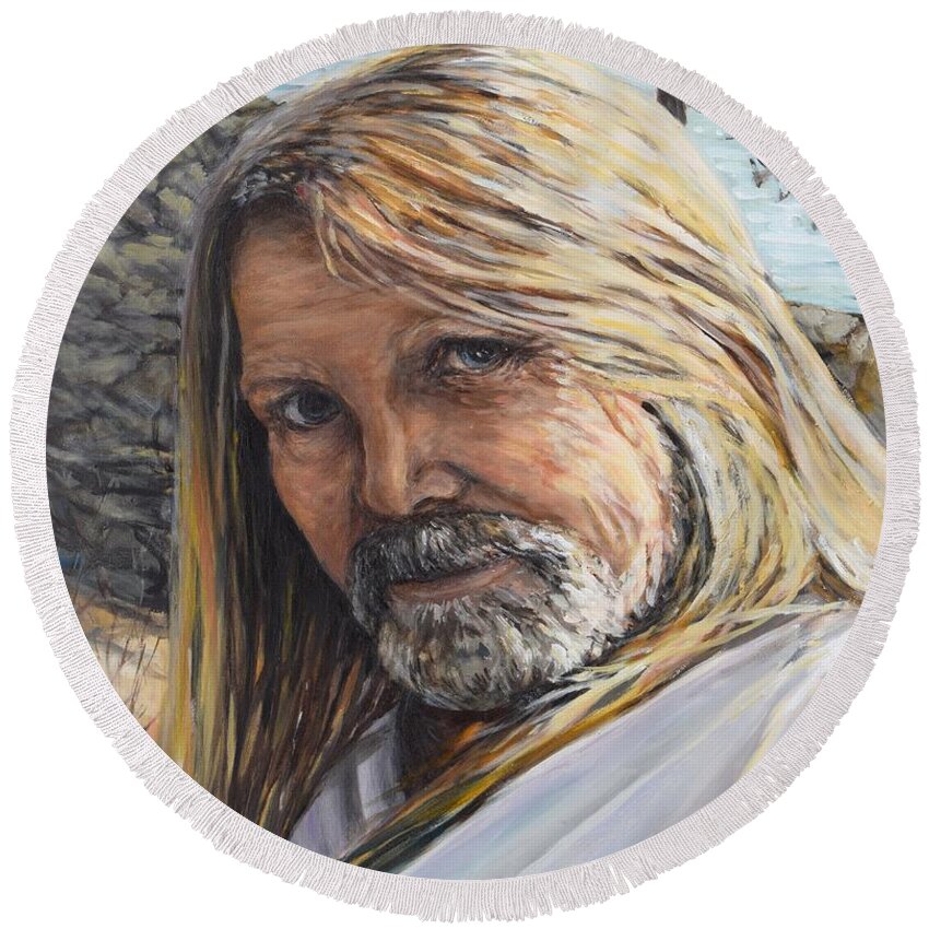 James Oliver Round Beach Towel featuring the painting Portrait Of James Oliver by Eileen Patten Oliver