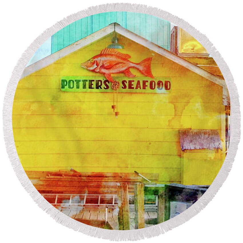 Seafood Round Beach Towel featuring the photograph Potter's Seafood by Don Margulis