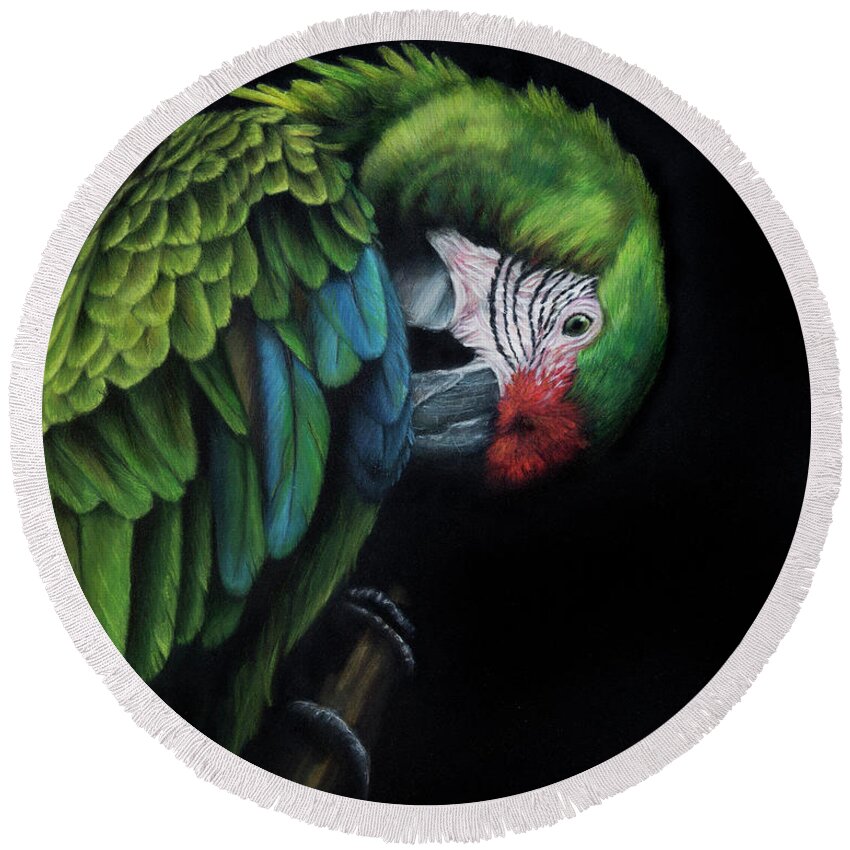 Macaw Round Beach Towel featuring the painting Preen by Kirsty Rebecca