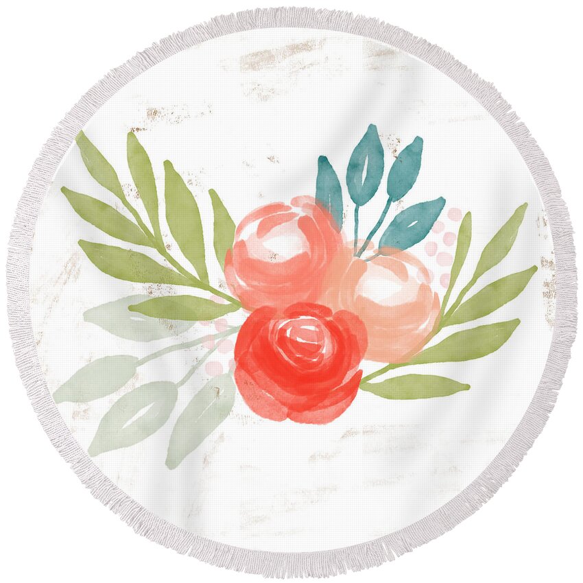 Roses Round Beach Towel featuring the mixed media Pretty Coral Roses - Art by Linda Woods by Linda Woods