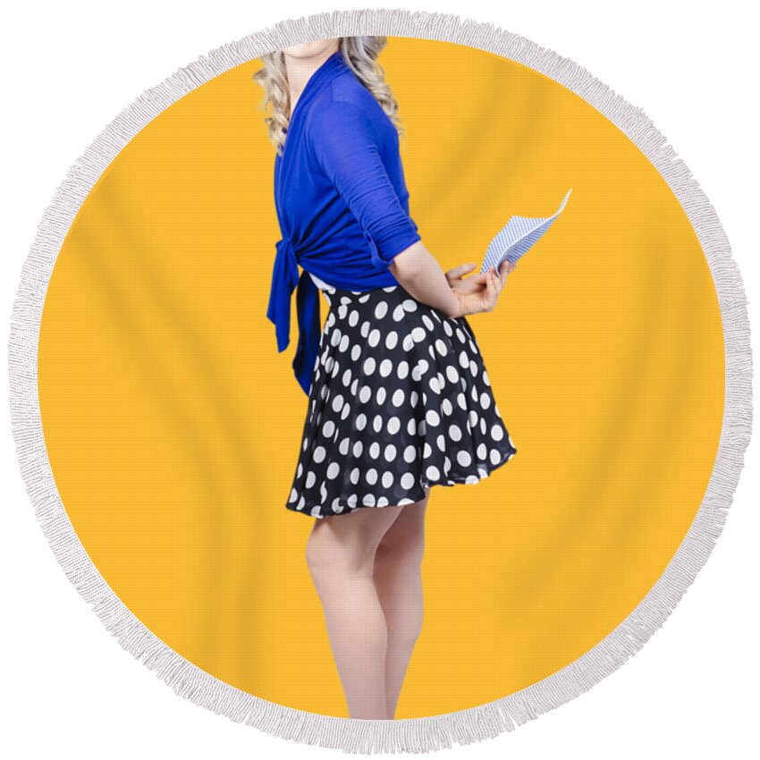 Housewife Round Beach Towel featuring the photograph Pretty housewife with washing cloth. Clean style by Jorgo Photography