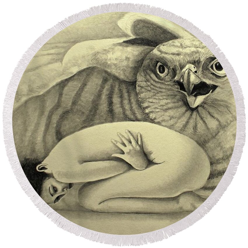 Woman Round Beach Towel featuring the drawing Prey by Tim Ernst