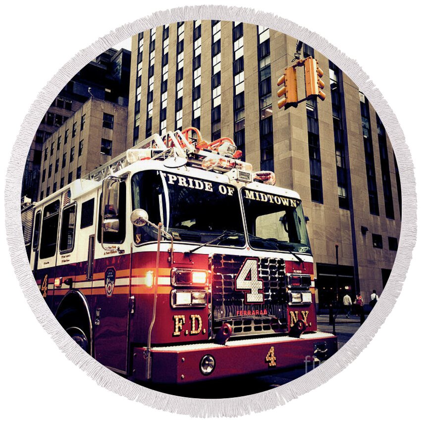 Fire Department Round Beach Towel featuring the photograph Pride of Midtown by RicharD Murphy