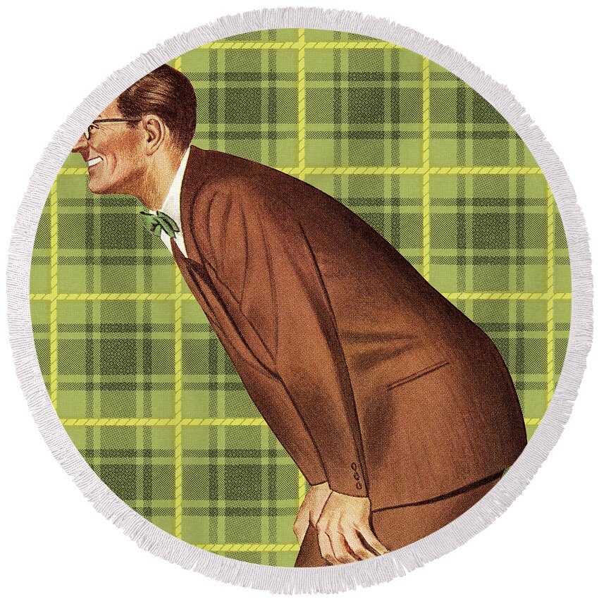 Accessories Round Beach Towel featuring the drawing Profile of a Man with a Plaid Background by CSA Images