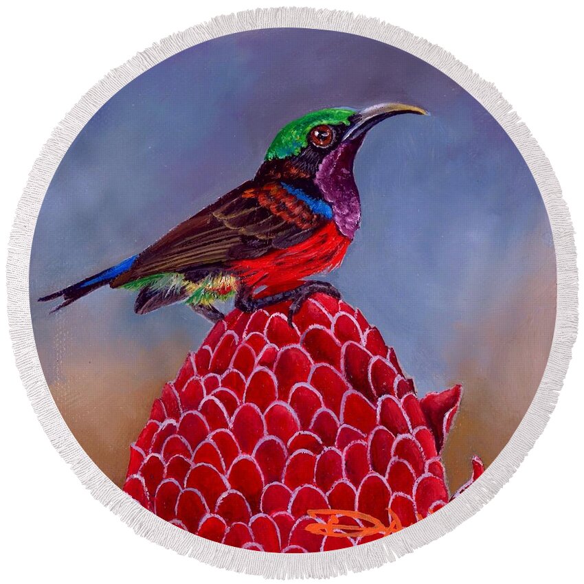 Birds Round Beach Towel featuring the painting Purple Throated Sunbird on Red Torch Ginger by Dana Newman
