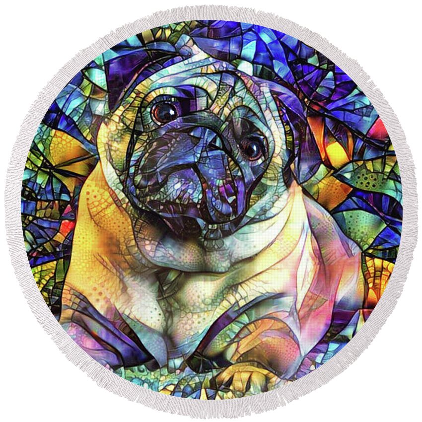 Pug Round Beach Towel featuring the digital art Psychedelic Pug Dog Art by Peggy Collins