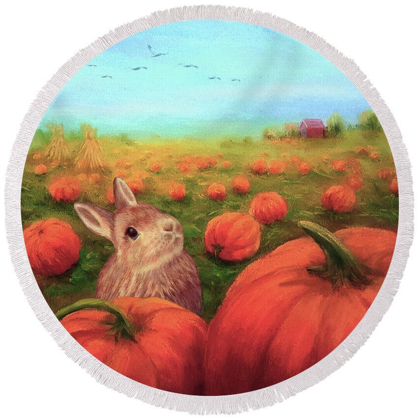 Pumpkin Patch Round Beach Towel featuring the painting Pumpkin Patch by Yoonhee Ko