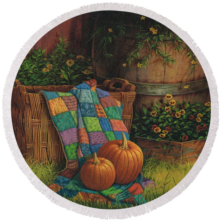 Michael Humphries Round Beach Towel featuring the painting Pumpkins and Patches by Michael Humphries