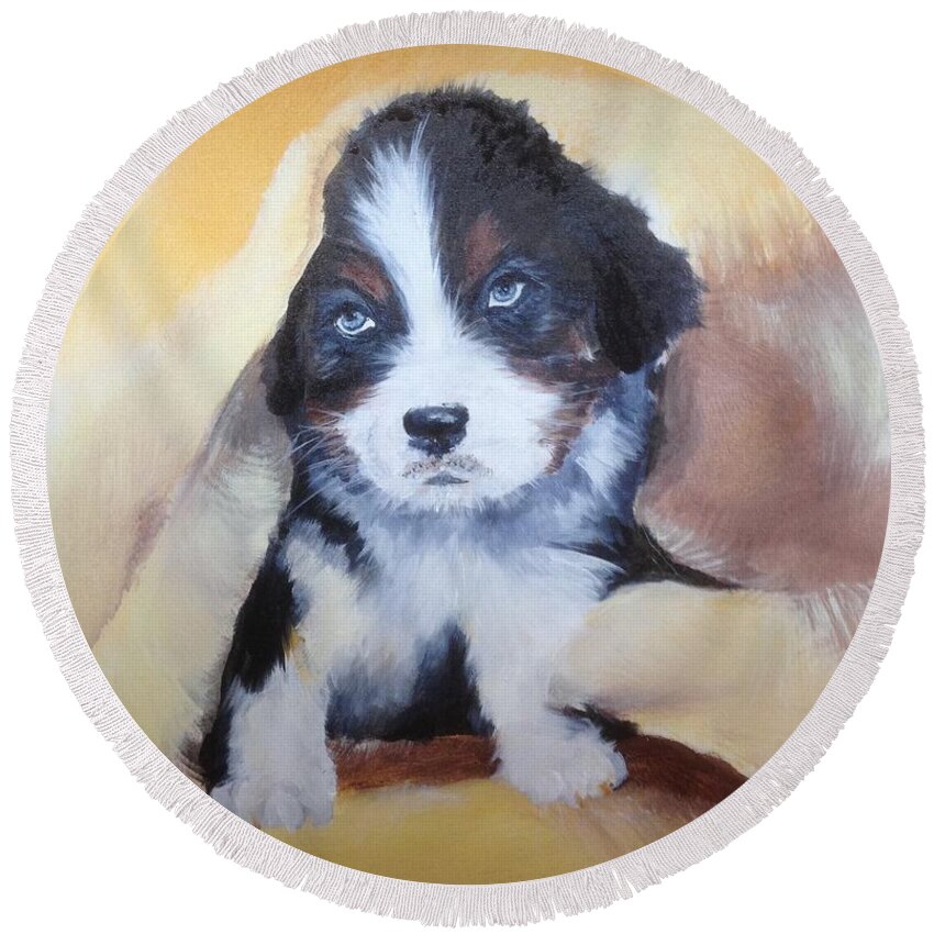 Puppy Round Beach Towel featuring the painting Puppy .... Love Me by Lizzy Forrester