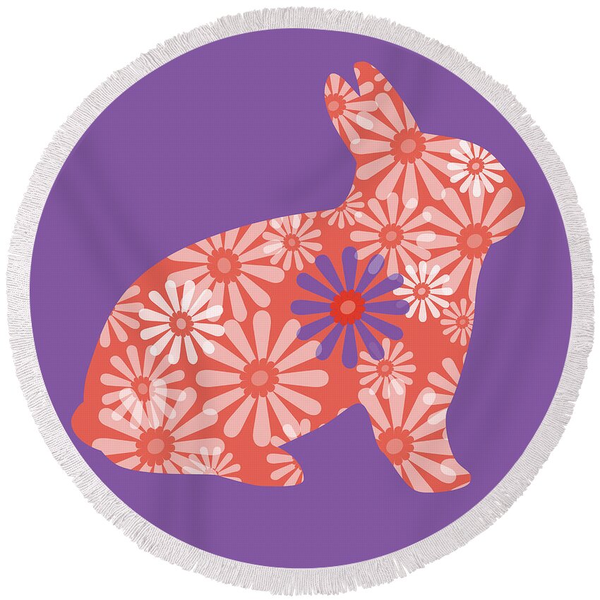 Rabbit Round Beach Towel featuring the digital art Purple and Coral Bunny III by Marianne Campolongo