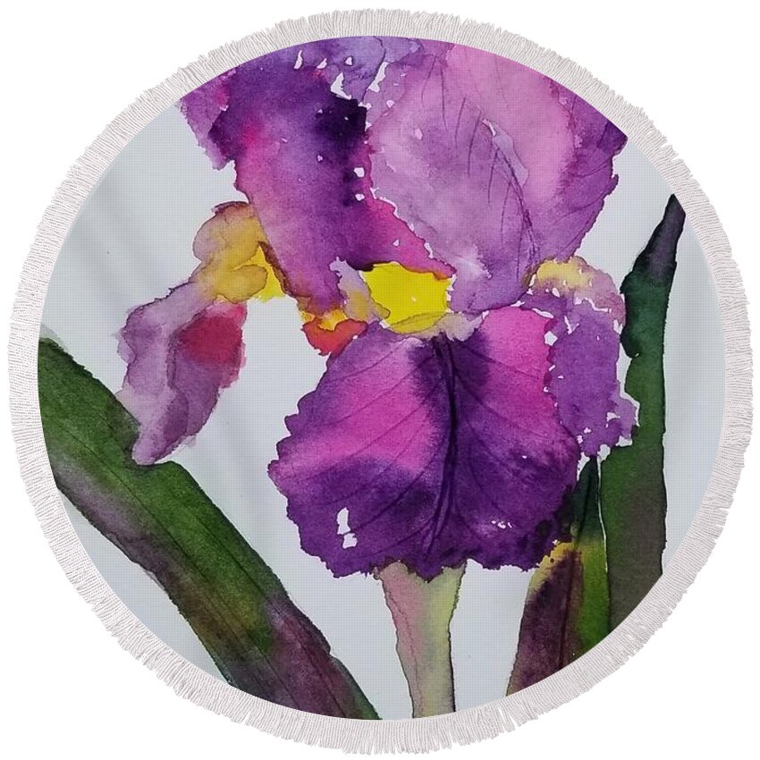 Purple Round Beach Towel featuring the painting Purple Bearded Iris by Ann Frederick