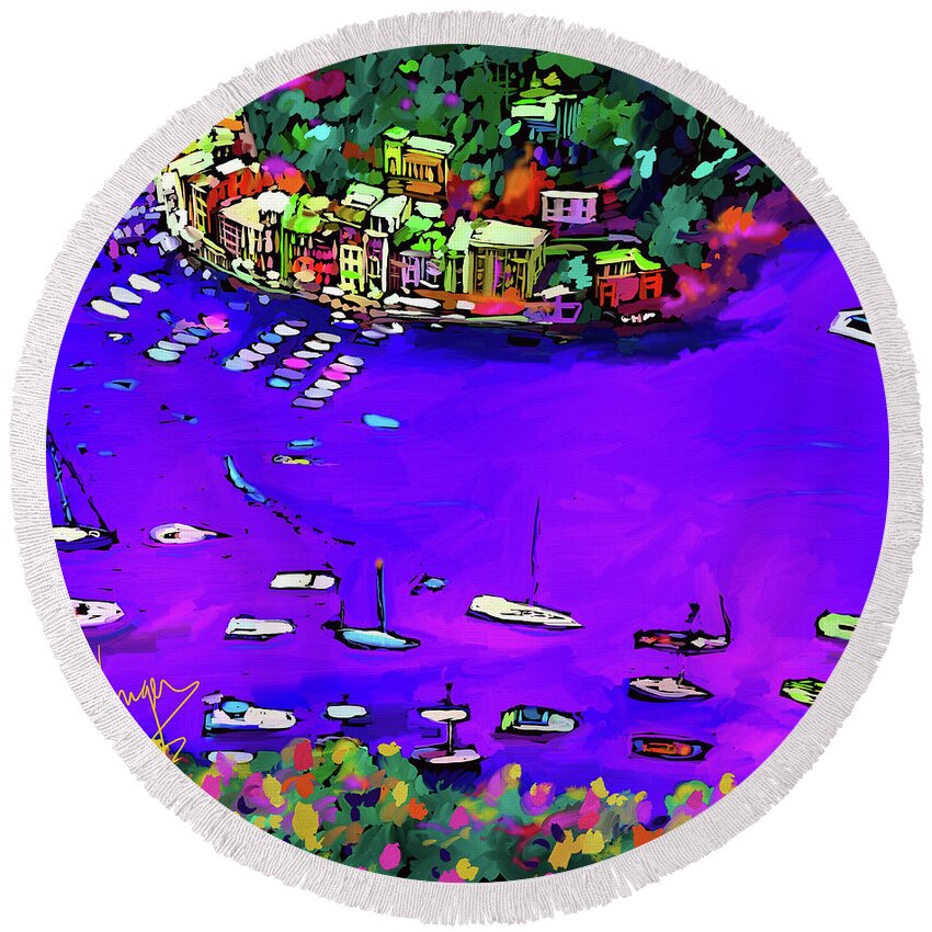 Dc Langer Round Beach Towel featuring the painting Purple Cove by DC Langer