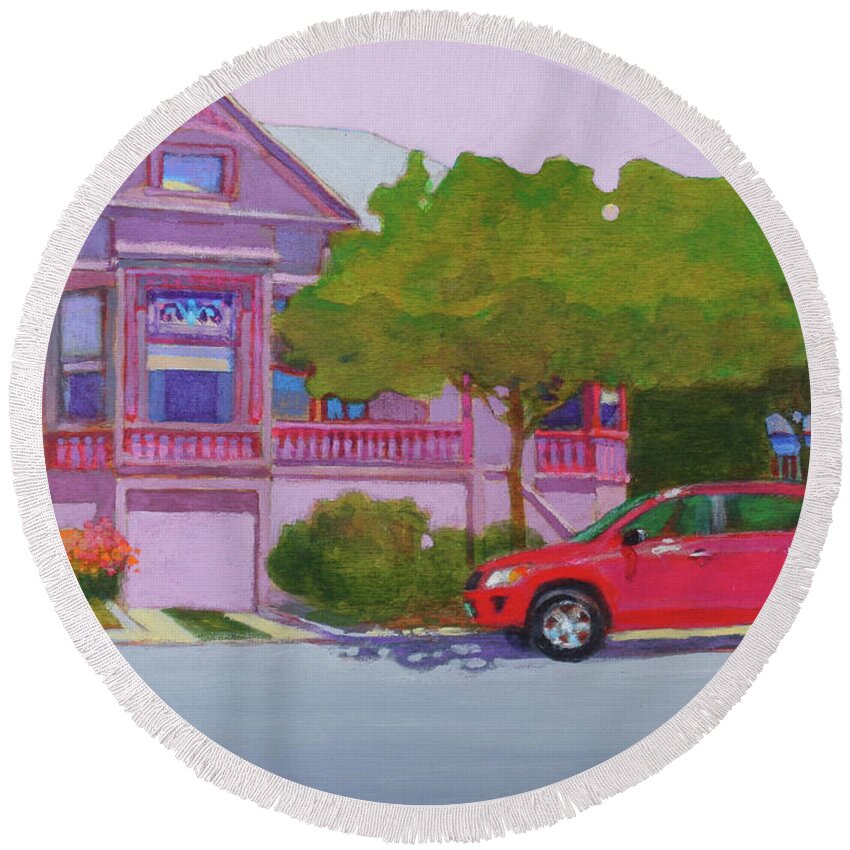 Architecture Round Beach Towel featuring the painting Purple House, Alameda by Nancy Roberts