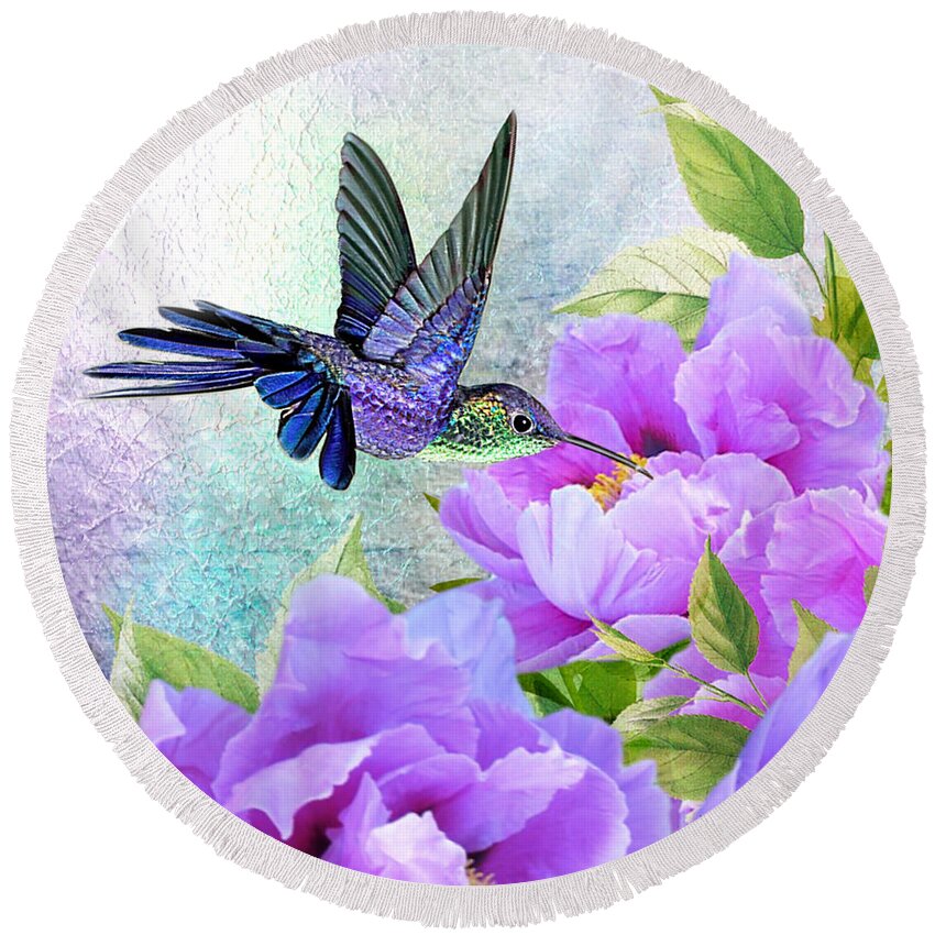 Humming Bird On Flowers Round Beach Towel featuring the digital art Purple Pleasure by Morag Bates