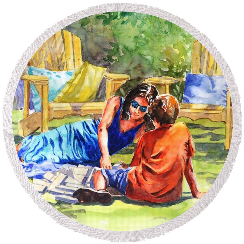 Mother And Son Round Beach Towel featuring the painting Quality Time by Betty M M Wong