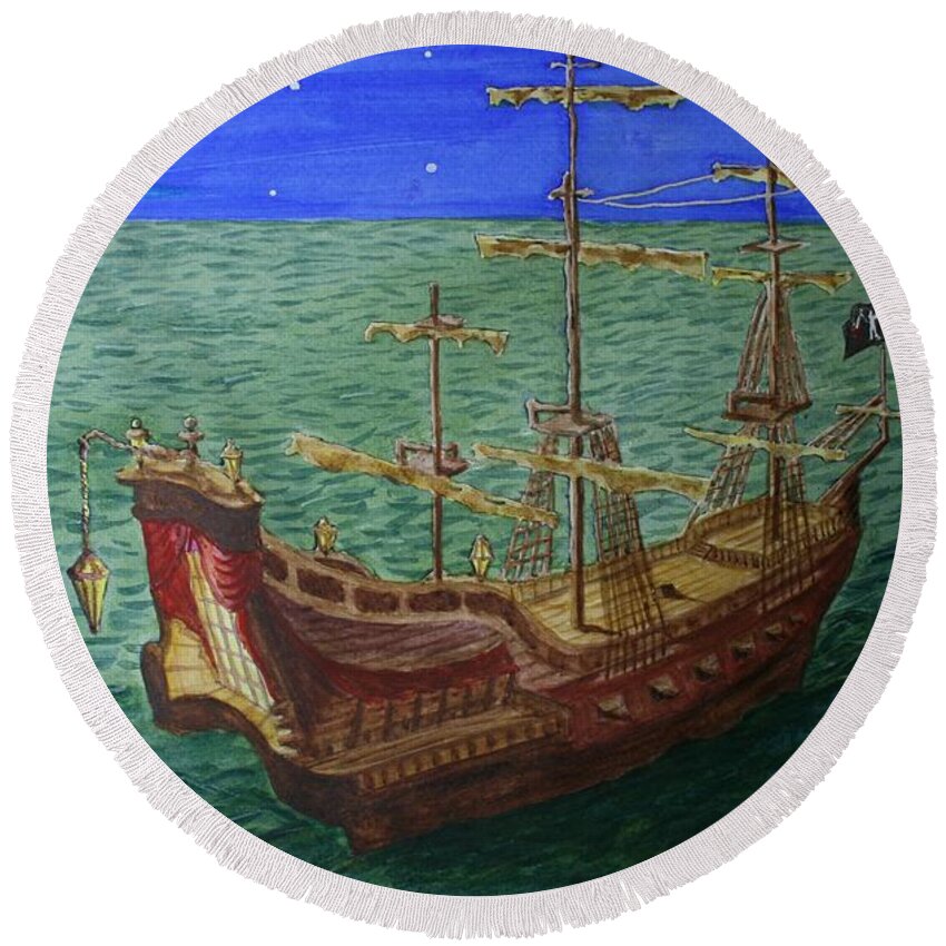 Blackbeard Round Beach Towel featuring the painting Queen Anne's Revenge by Stacy C Bottoms