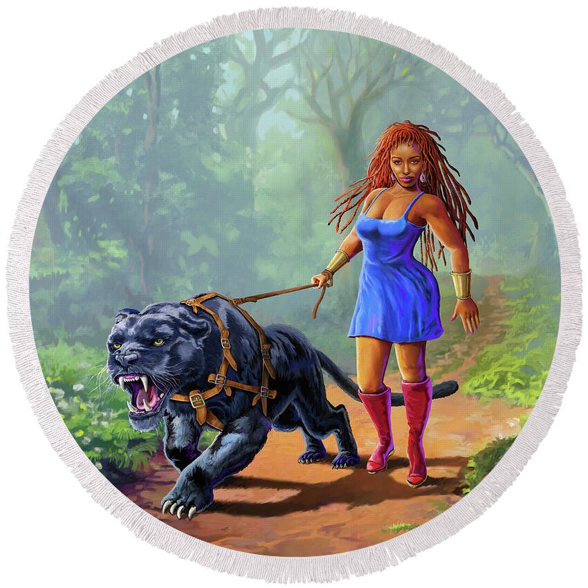 Mother Round Beach Towel featuring the painting Queen of the Jungle by Anthony Mwangi