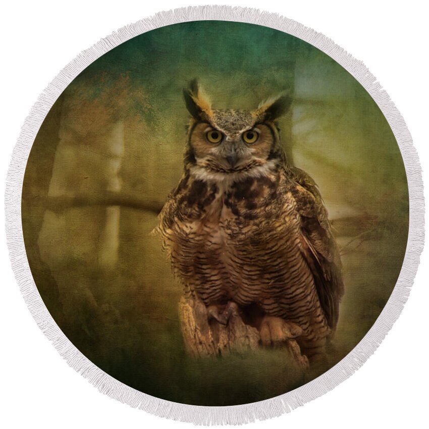 Great Horned Owl Round Beach Towel featuring the photograph Quiet Wisdom by Rosette Doyle