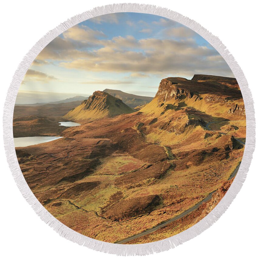 The Quiraing Round Beach Towel featuring the photograph Quiraing morning light - Isle of Skye by Grant Glendinning