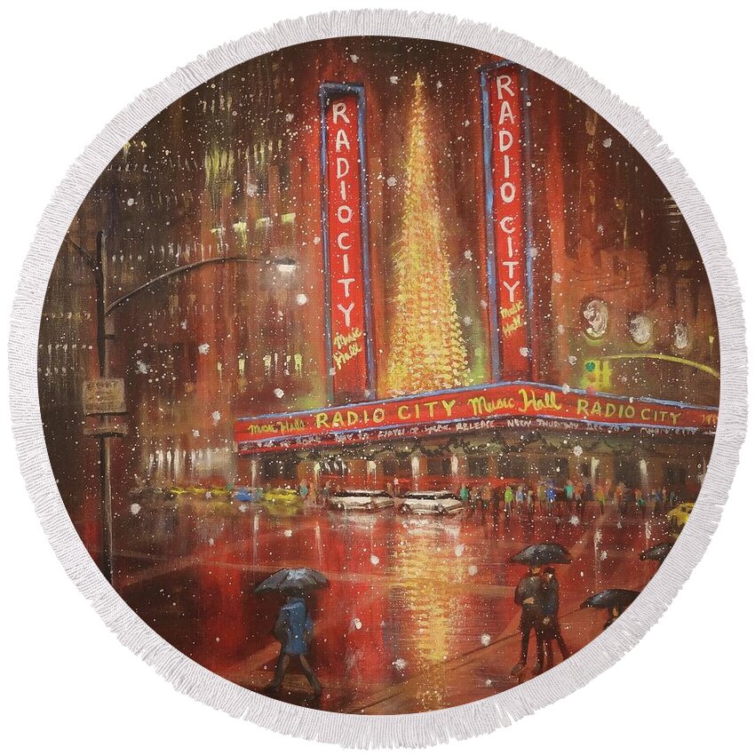 Radio City Music Hall Round Beach Towel featuring the painting Radio City NYC by Tom Shropshire
