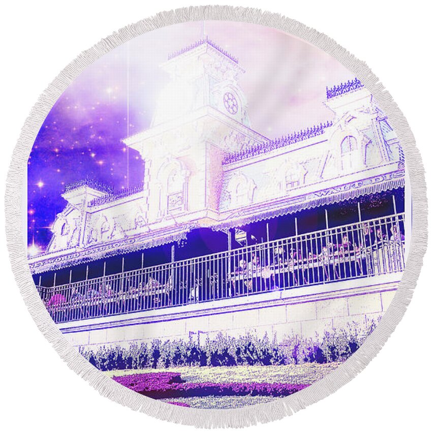 Railroad Station Round Beach Towel featuring the digital art Railroad Station Magic Kingdom Walt Disney World, Fantasy Starry by A Macarthur Gurmankin