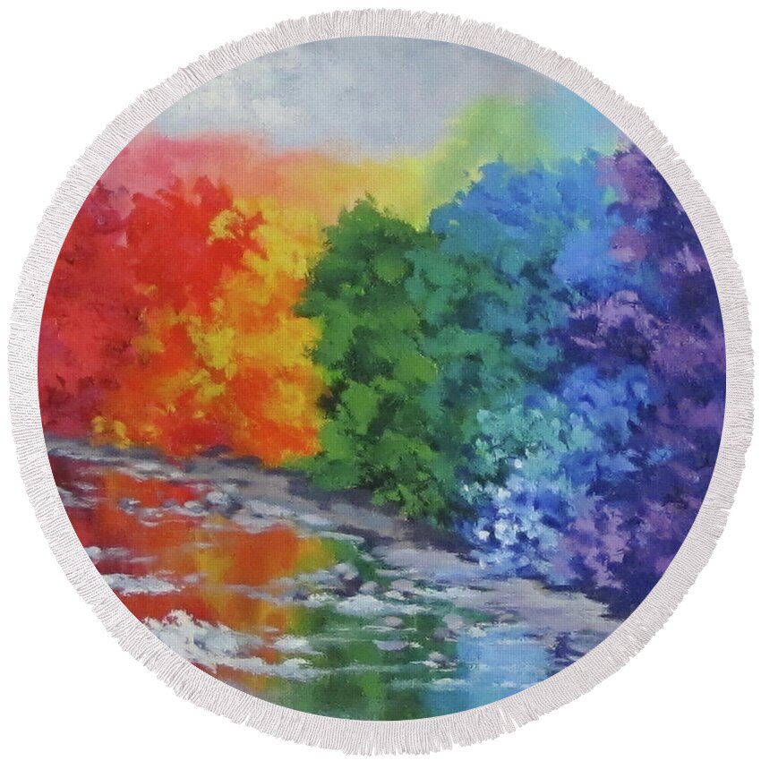 Rainbow Round Beach Towel featuring the painting Rainbow Forest by Karen Ilari